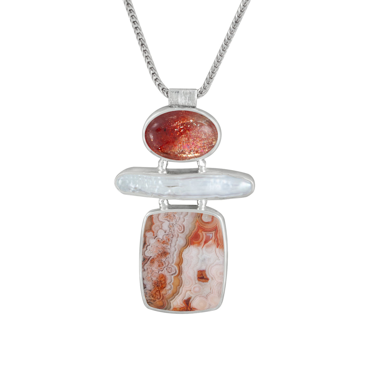 Sterling Silver Pendant With Suns Stone Oval, Pearl, Crazy Lace Agate