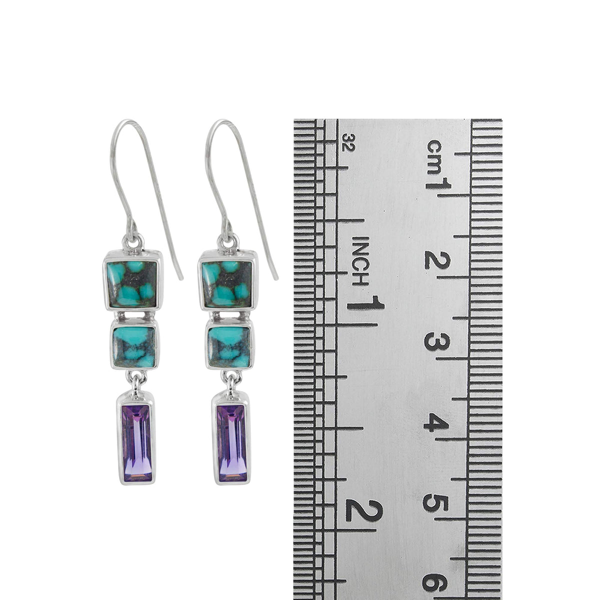 Sterling Silver Earring With 2 Turqouise Square And Amethyst Rectangle Facet