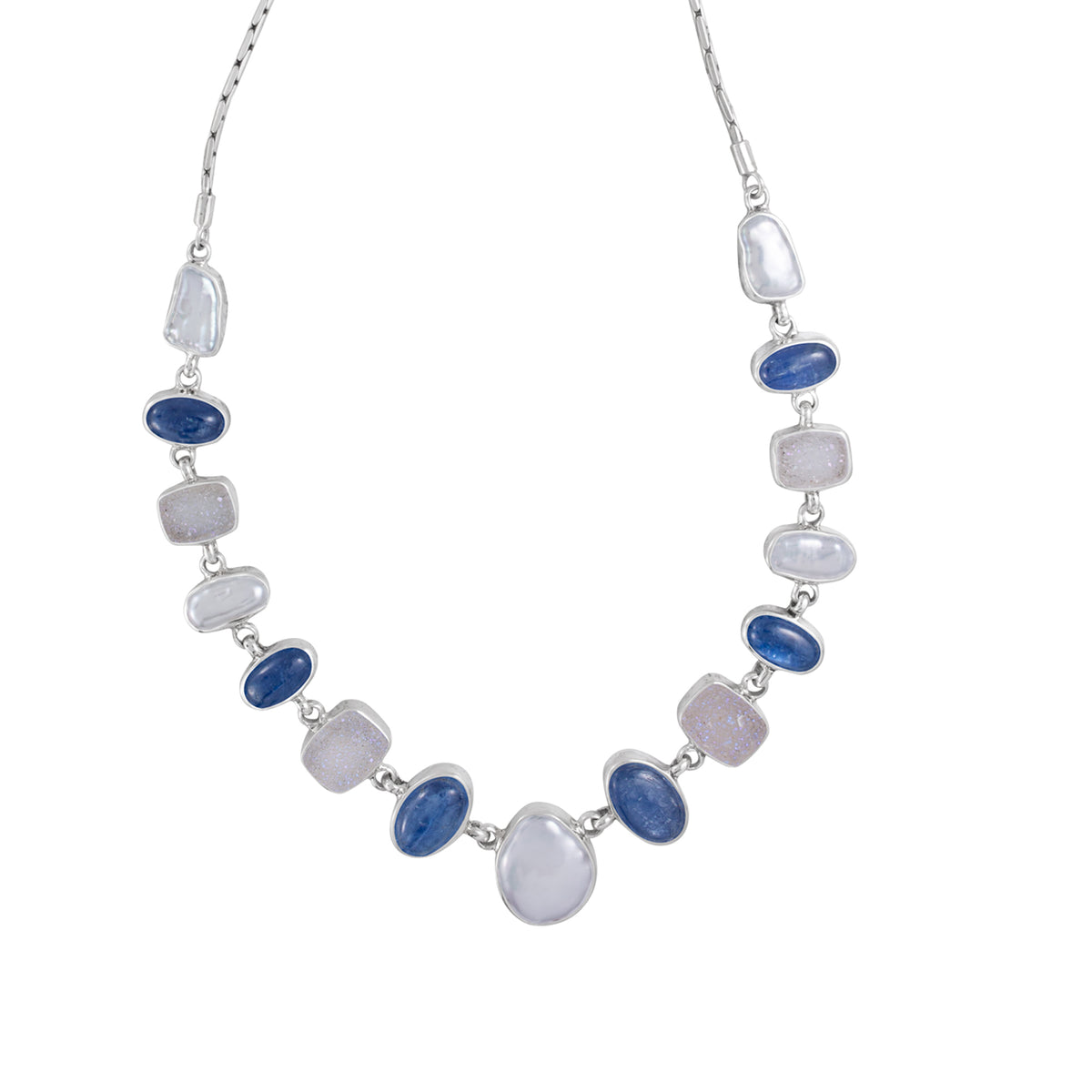 Silver Necklace With Druzy, Pearl And Kyanite