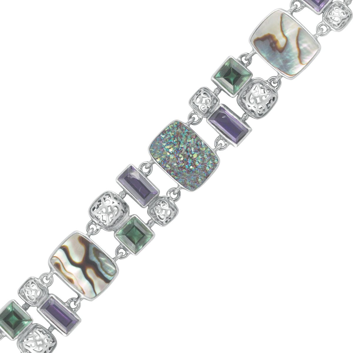 Sterling Silver Bracelet Lace Geometric Design With Druzy, Green Quartz, Amethyst, Paua Shell