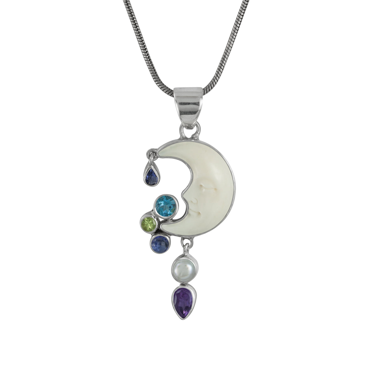 Sterling Silver Pendant Half Moon Face With Multi Stone