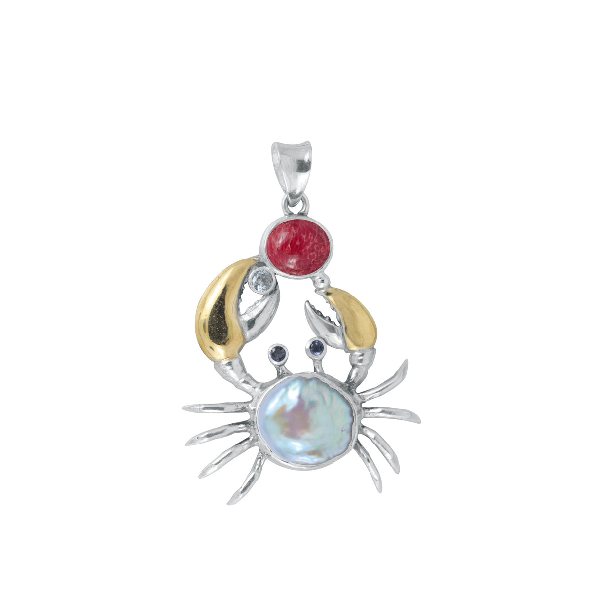 Sterling Silver Pendant Crab Component With Sponge Coral Oval, White Circone, Iolite Stone