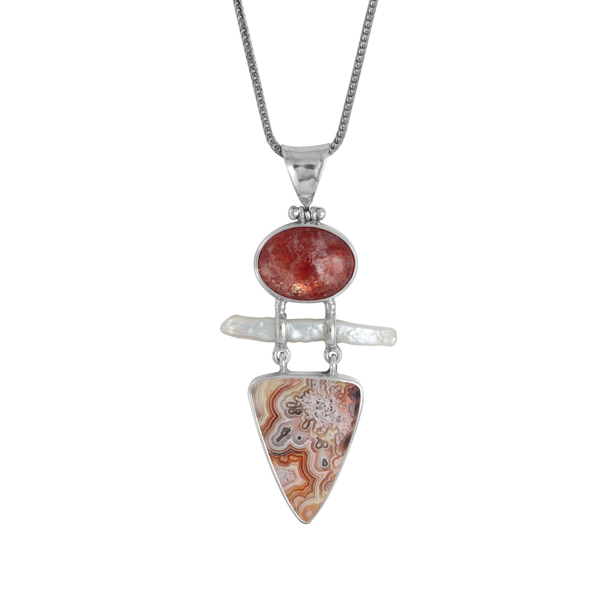 Sterling Silver Pendant With Sun Stone Oval, Pearl Biwa Pink, Agate Tounge