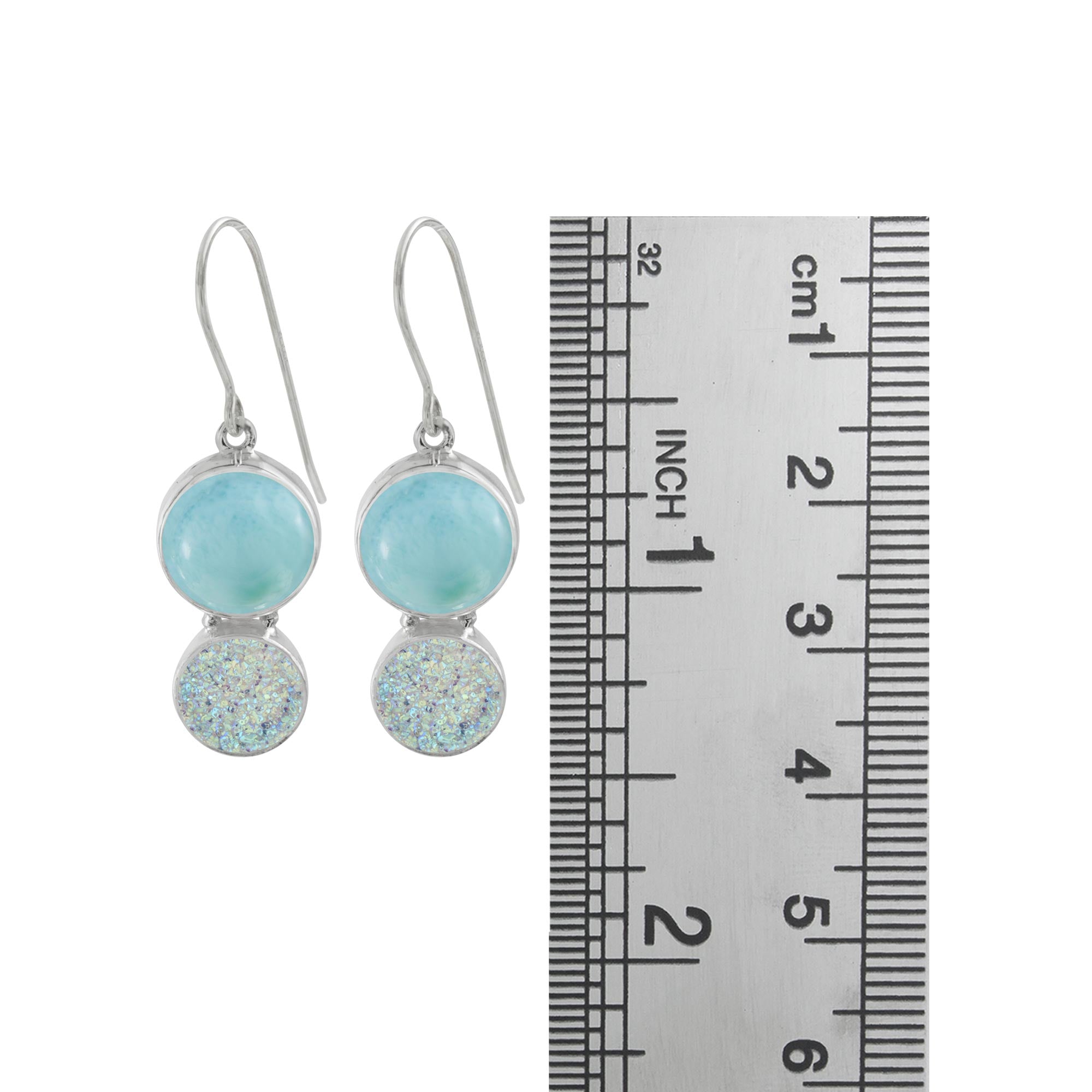 Sterling Silver Earring With Larimar And Druzy Opal Round