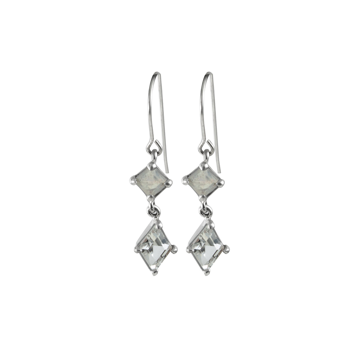 Sterling Silver Earring With Rainbow moon Stone Square Facet, White Topaz Diamond
