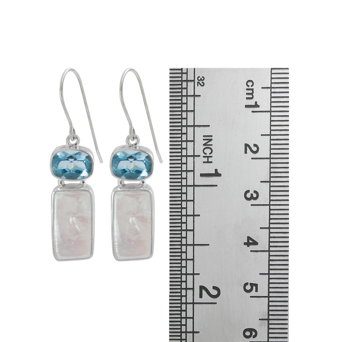 Sterling Silver Earring With London Blue Rectangle, Pearl