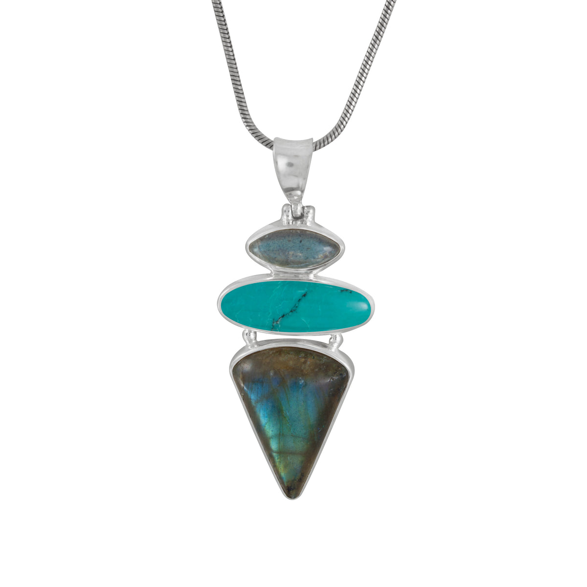 Sterling Silver Pendant With 2 Labradorite, Turquoise Oval