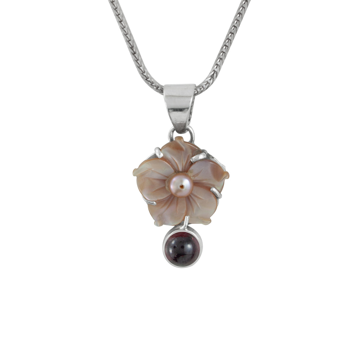 Silver Pendant With Mother Of Pearl , Bead Pearl, Garnet