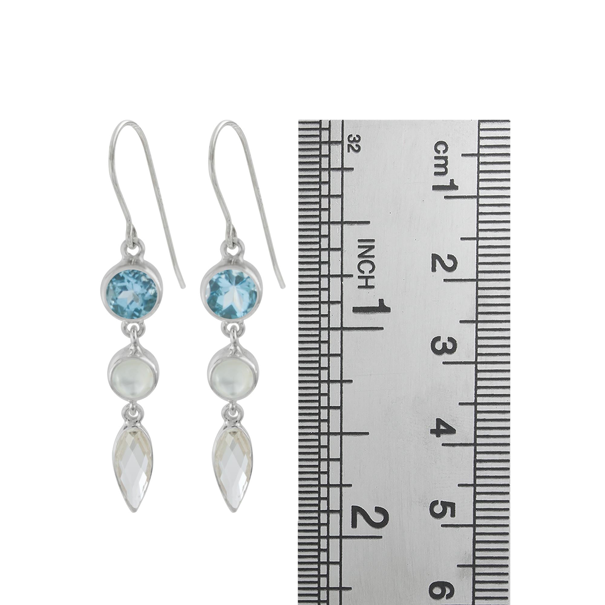 Sterling Silver Earring With Blue Topaz Round Facet, Mop Approx, Crystal Brio Drop