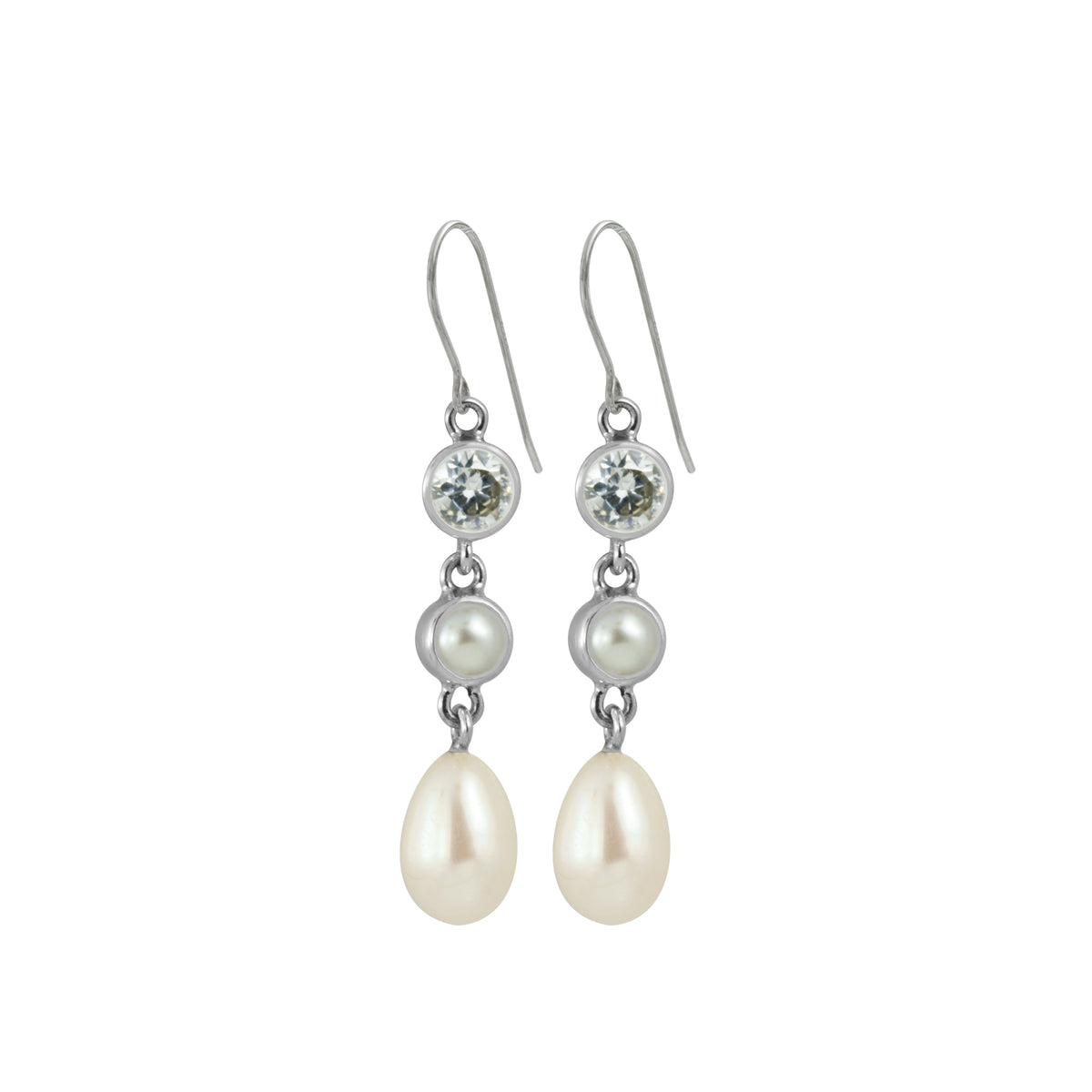 Sterling Silver Earring With Cubic Zirchonia And Pearl Drop