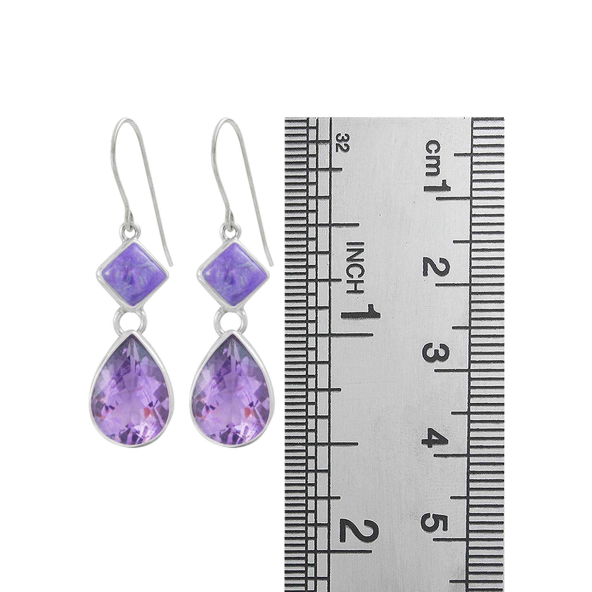 Sterling Silver Earring With Sugilate Square And Amethyst Pear Facet Drop