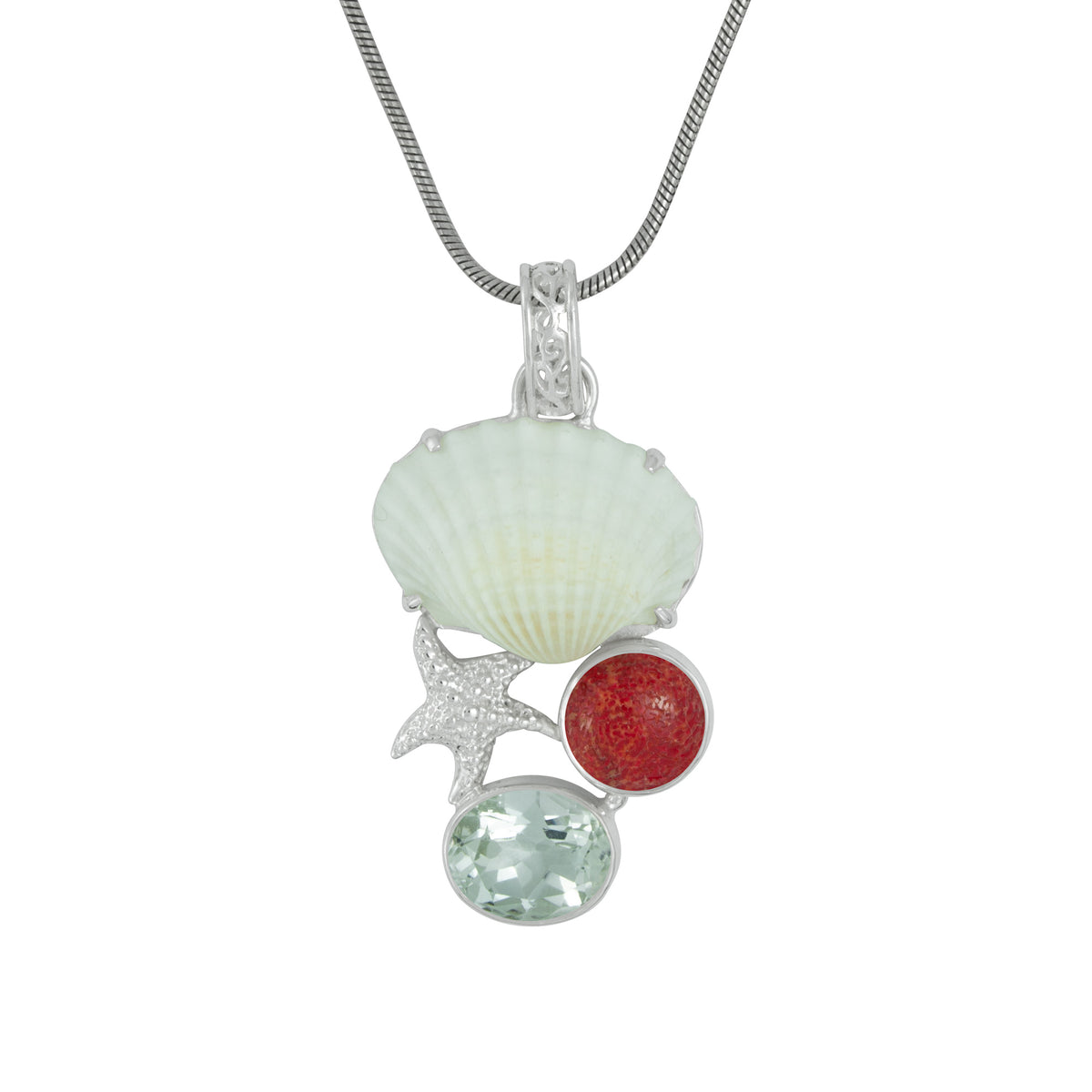 Sterling Silver Pendant With Star Fish Component With White Ark, Sponge Coral, White Topaz