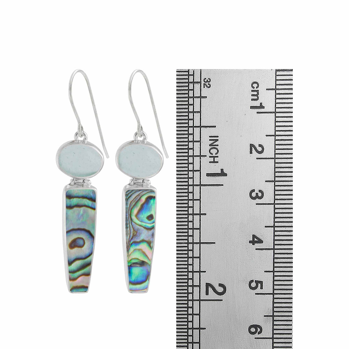 Sterling Silver Earring With Sea Glass Aqua, Paua Rectangle Drop