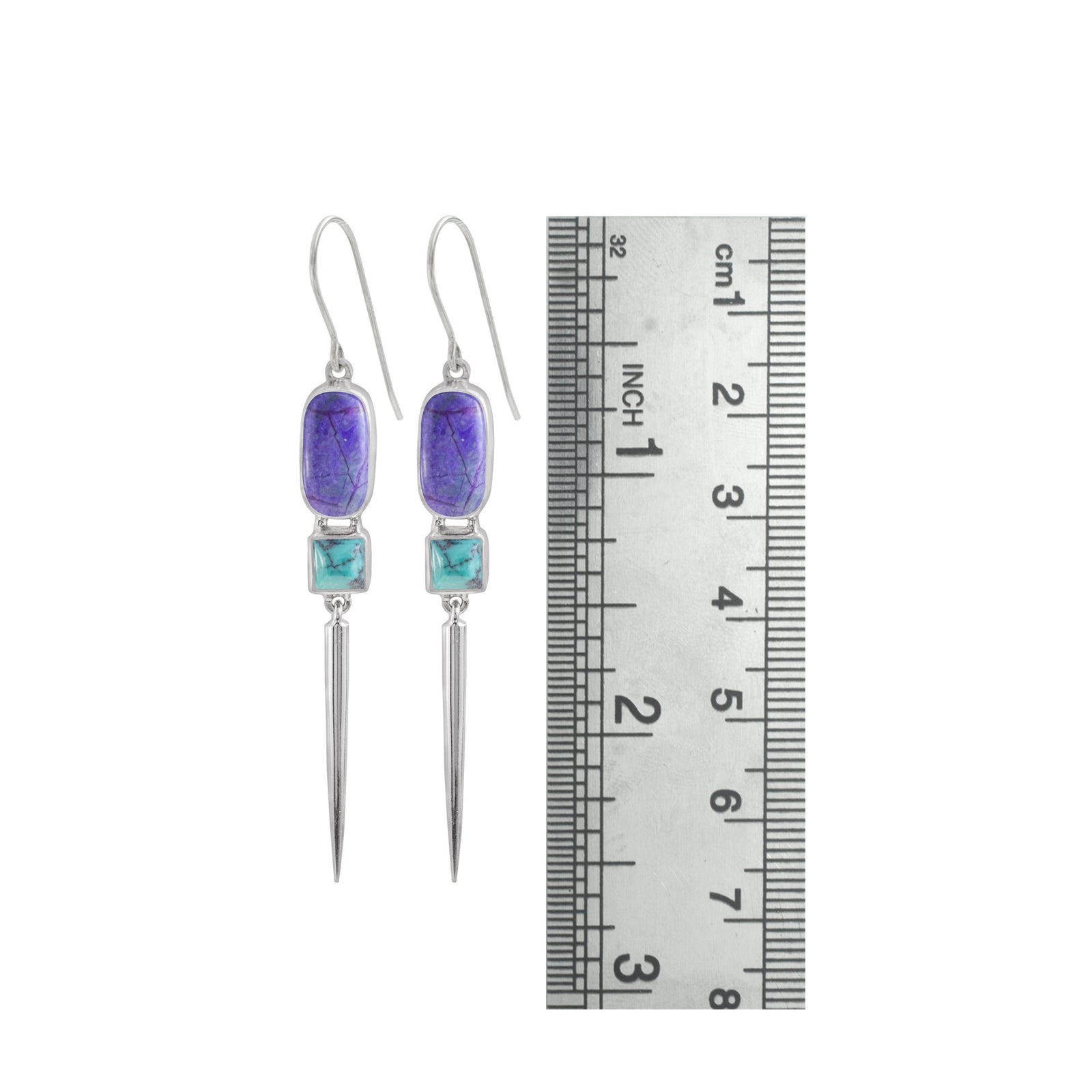 Sterling Silver Earring With Sugilate Rectangle Cushion And Turqouise Square