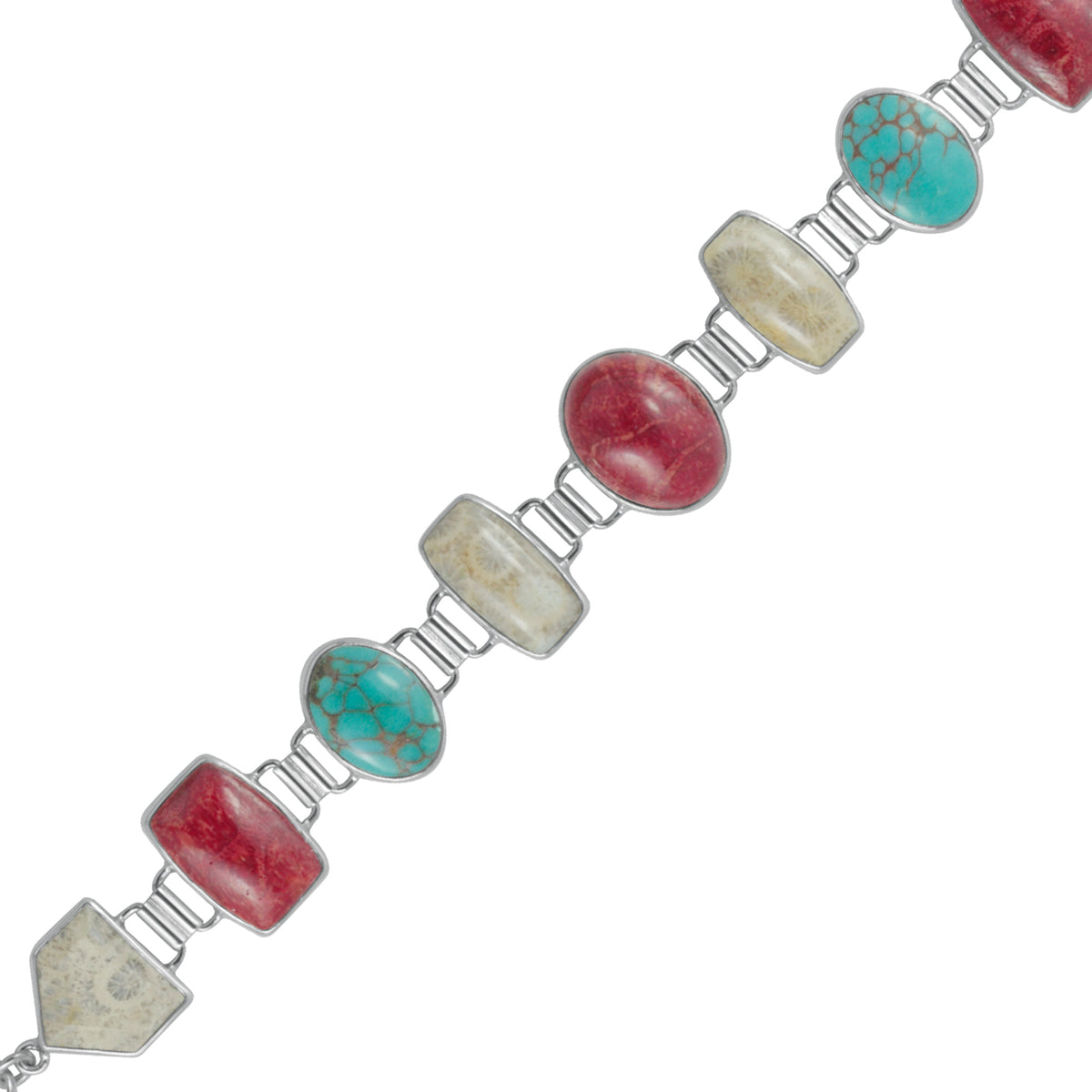 Sterling Silver Bracelet With Sponge Coral, Turquoise, Fossil Coral