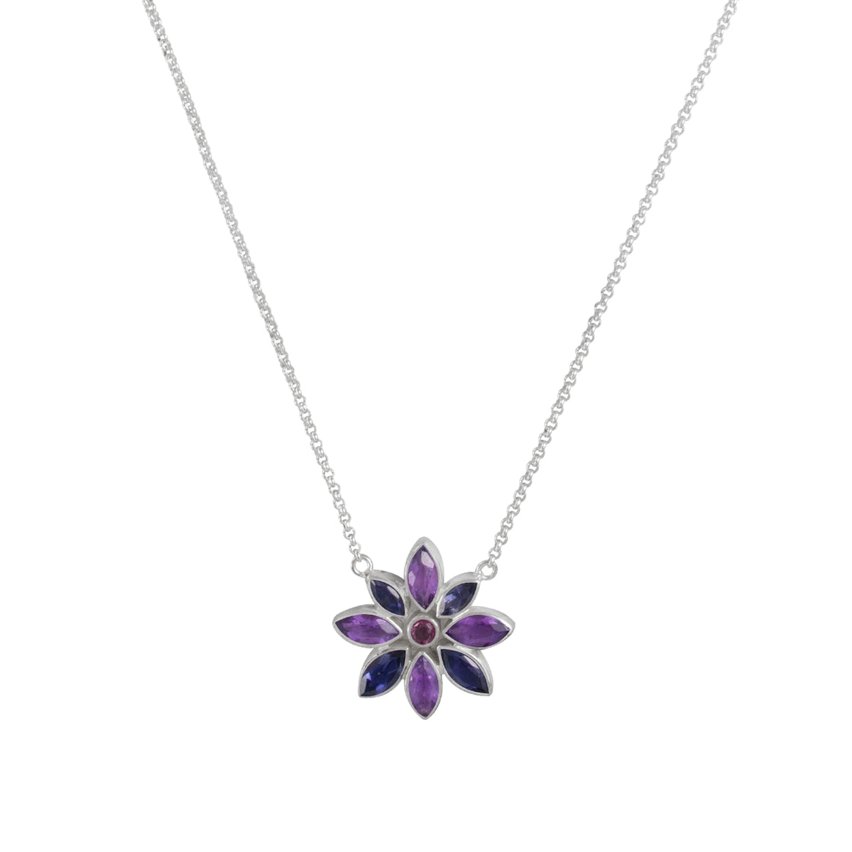 Sterling Silver MQ Flower Necklace With  Marquise Facet Stones