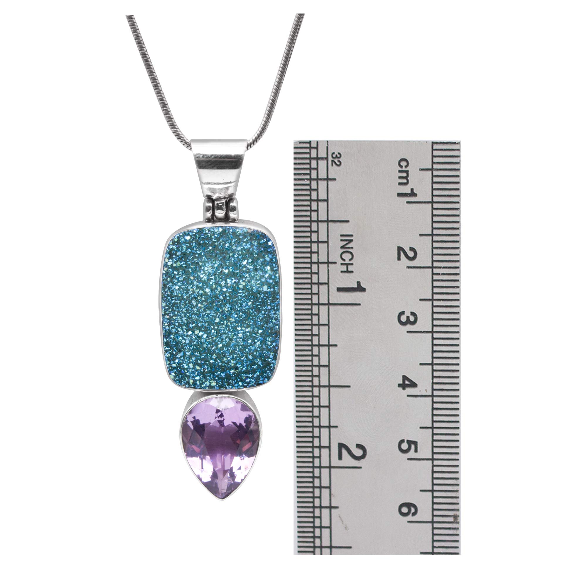 Sterling Silver Pendant With Druzy Easy Green Rectangle, Amethyst Pear Facet
