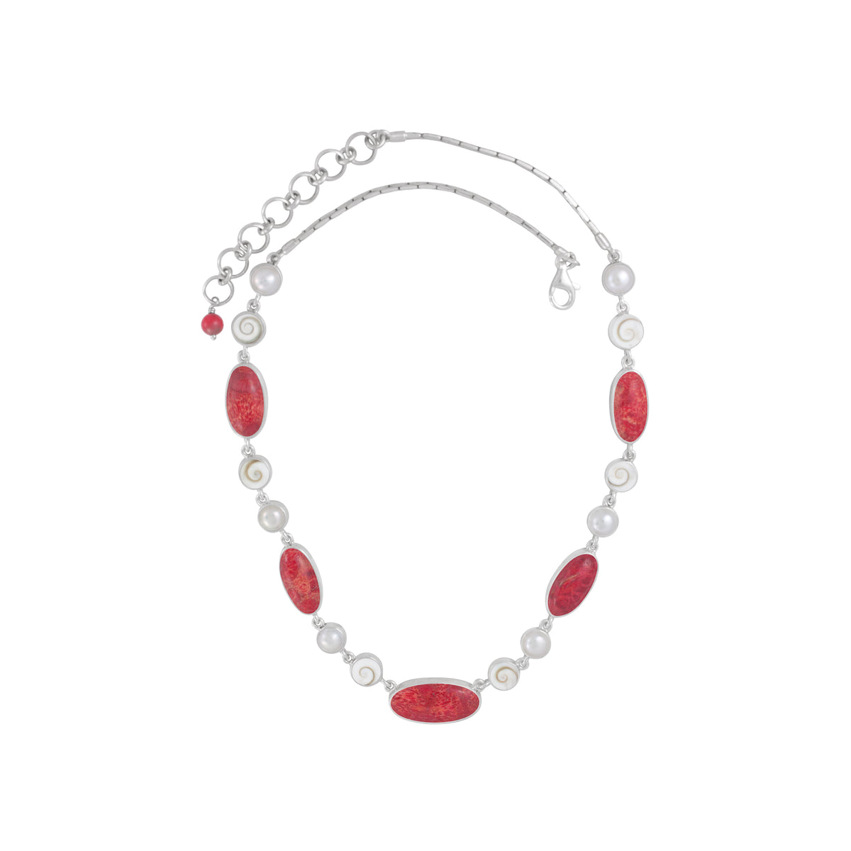 Sterling Silver Necklace With Sponge Coral Oval, Pearl, Shell Spiral Round