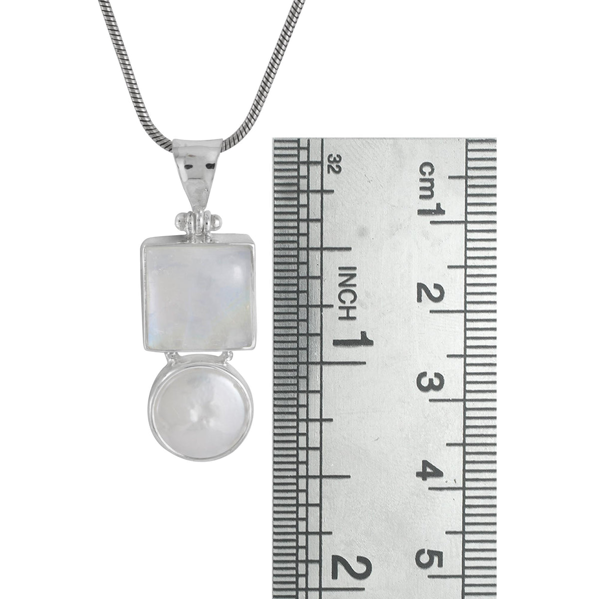 Sterling Silver Pendant With Rainbowmoon Stone Square Cab,  Pearl Coin