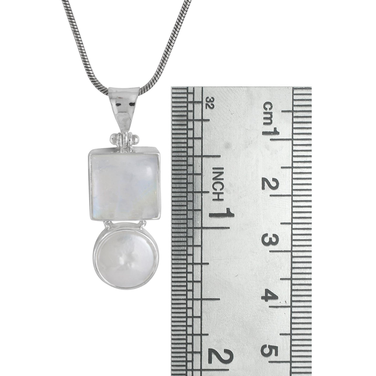 Sterling Silver Pendant With Rainbowmoon Stone Square Cab,  Pearl Coin