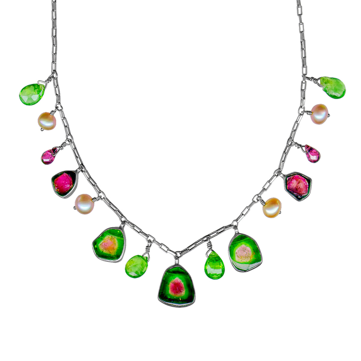 Sterling Silver Necklace Watermelon With Bead Pearls, Peridot, And Crystal On Chain