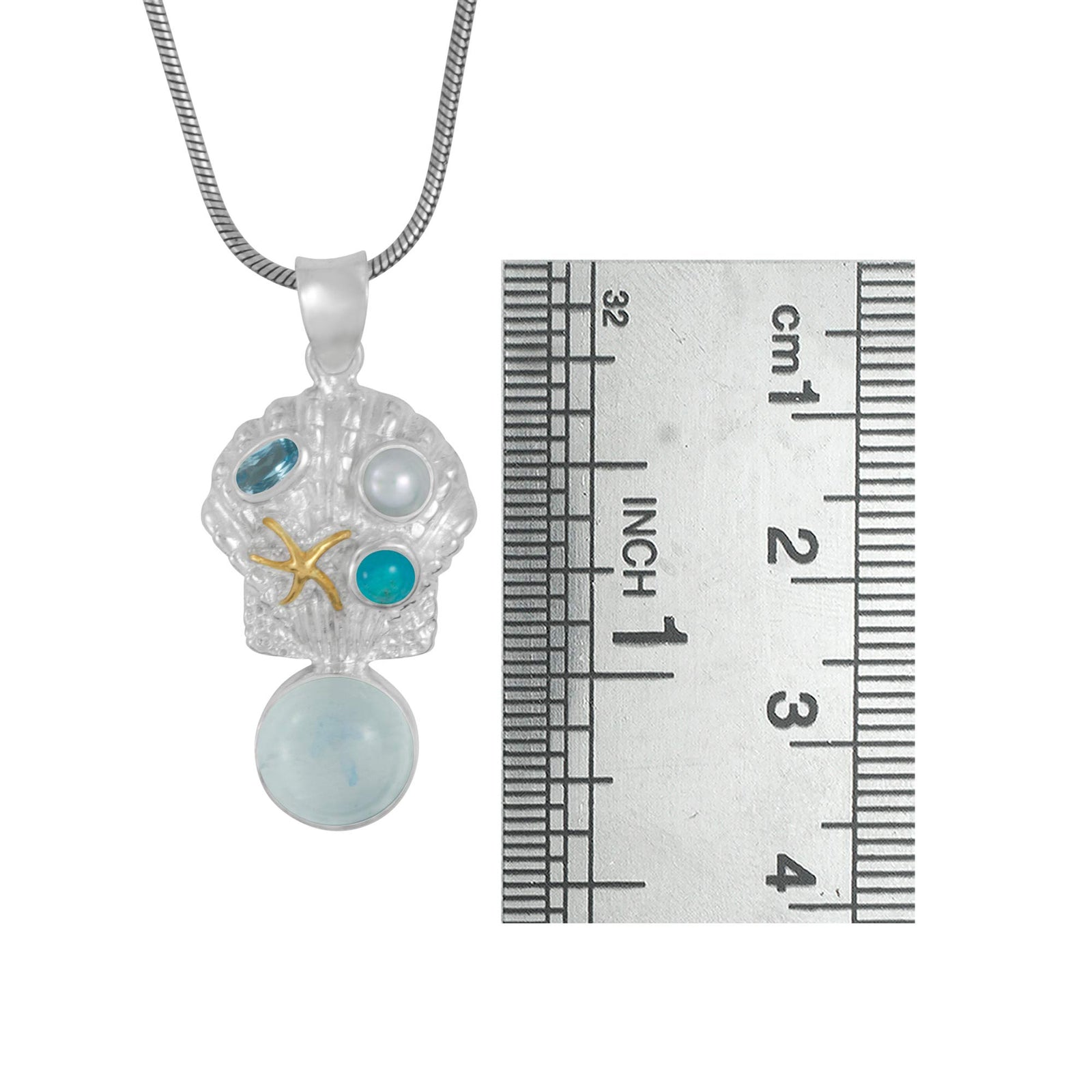 Sterling Silver Pendant With Selenite, Pearl, Turqouise, Blue Topaz Oval Facet