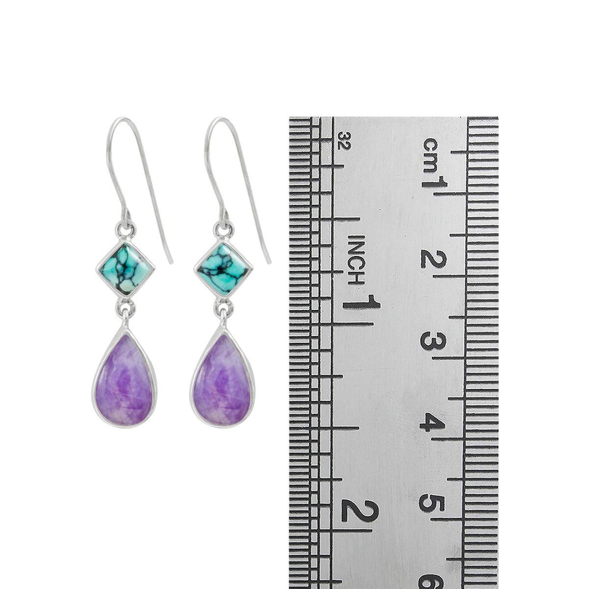 Sterling Silver Earring With Turquoise Square And Sugilate Pear Drop