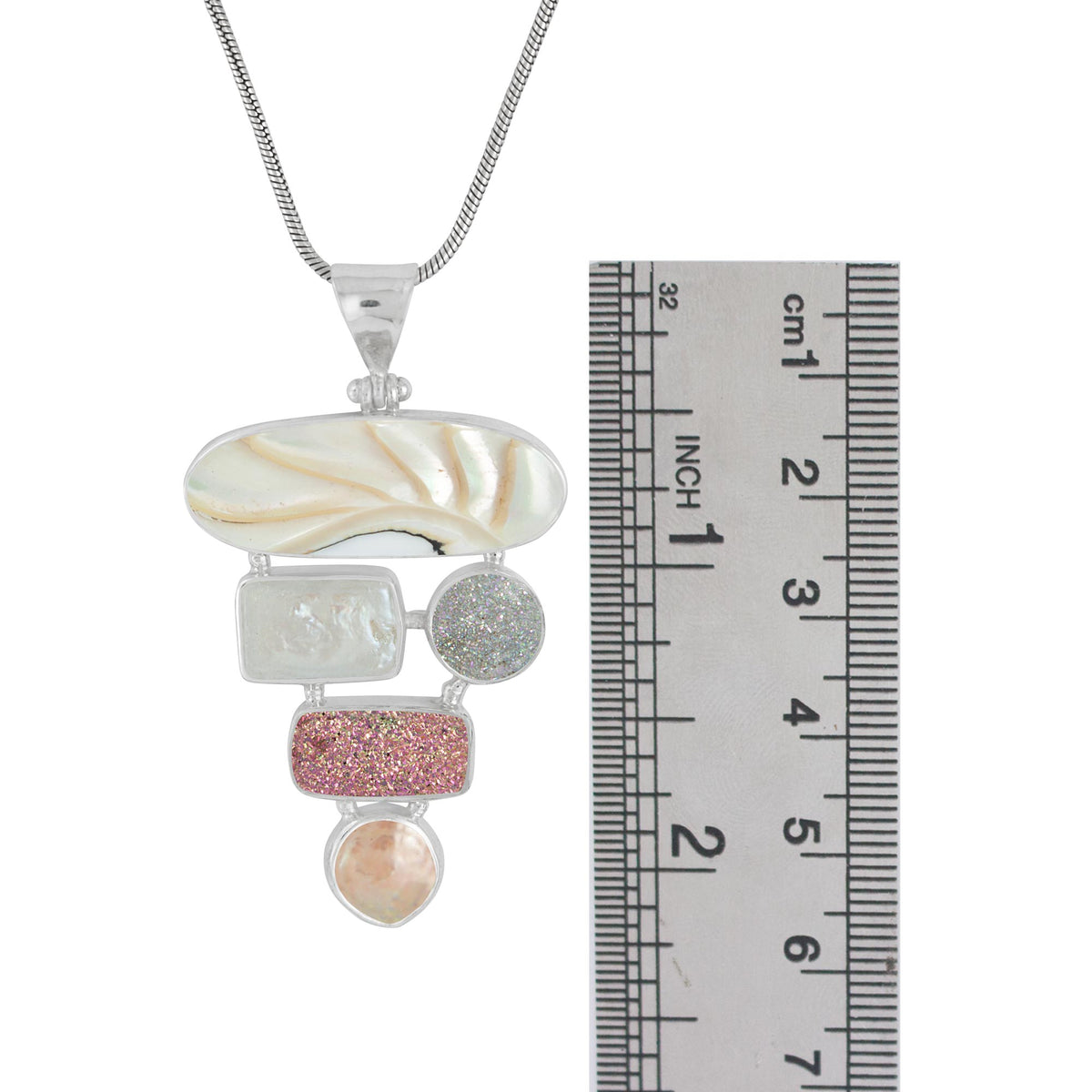Sterling Silver Pendant With Shell Nautilas Oval,  Pearl, Druzy Opal And Mocha