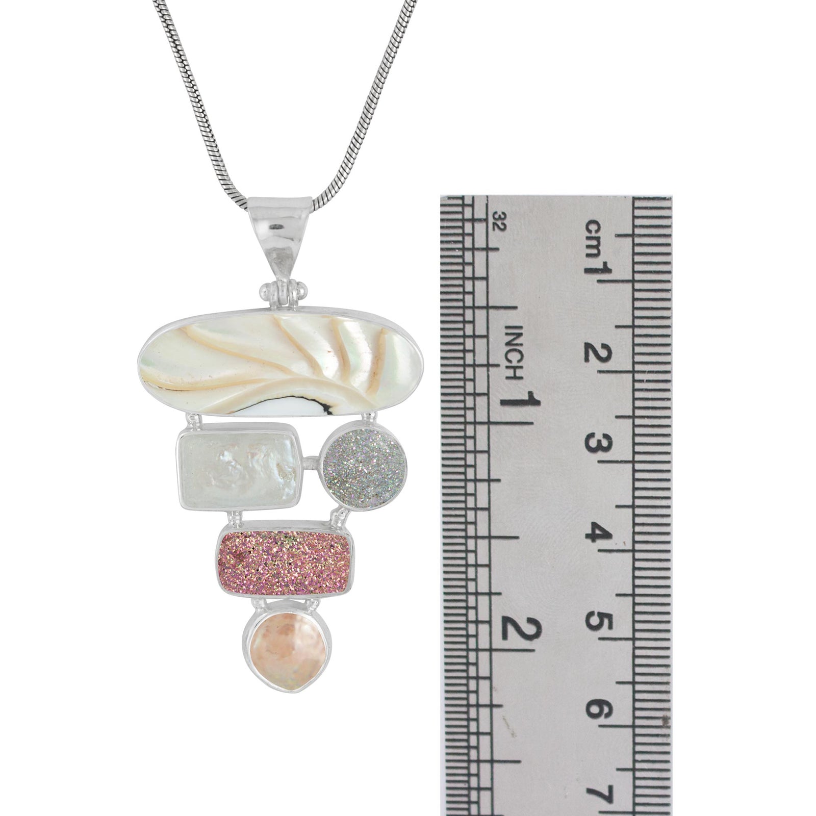 Sterling Silver Pendant With Shell Nautilas Oval,  Pearl, Druzy Opal And Mocha