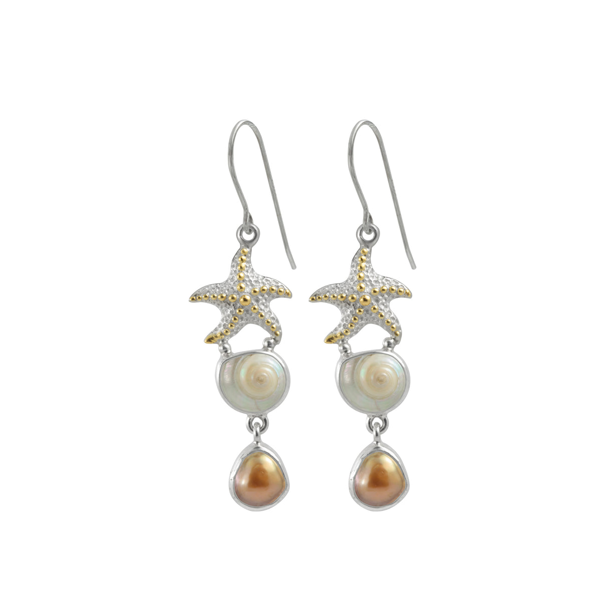 Sterling Silver Earring Star Component With Shell Malabar Turbos, Copper Pearl Drop
