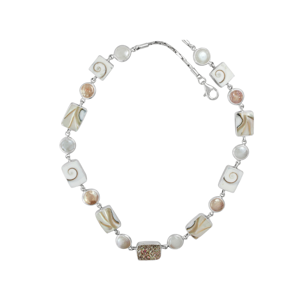 Sterling Silver Necklace With Druzy Streaberry Mocha Cuhion,Shell Spriral, Nautilas Rectangle, Pearl