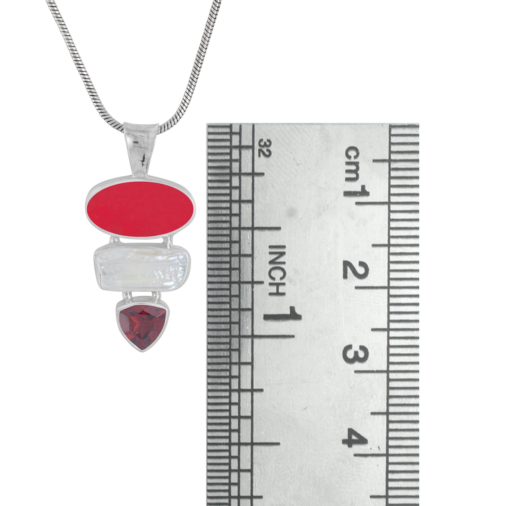 Sterling Silver Pendant With Sea Glass Red, Pearl Biwa, Garnet Triangle Facet