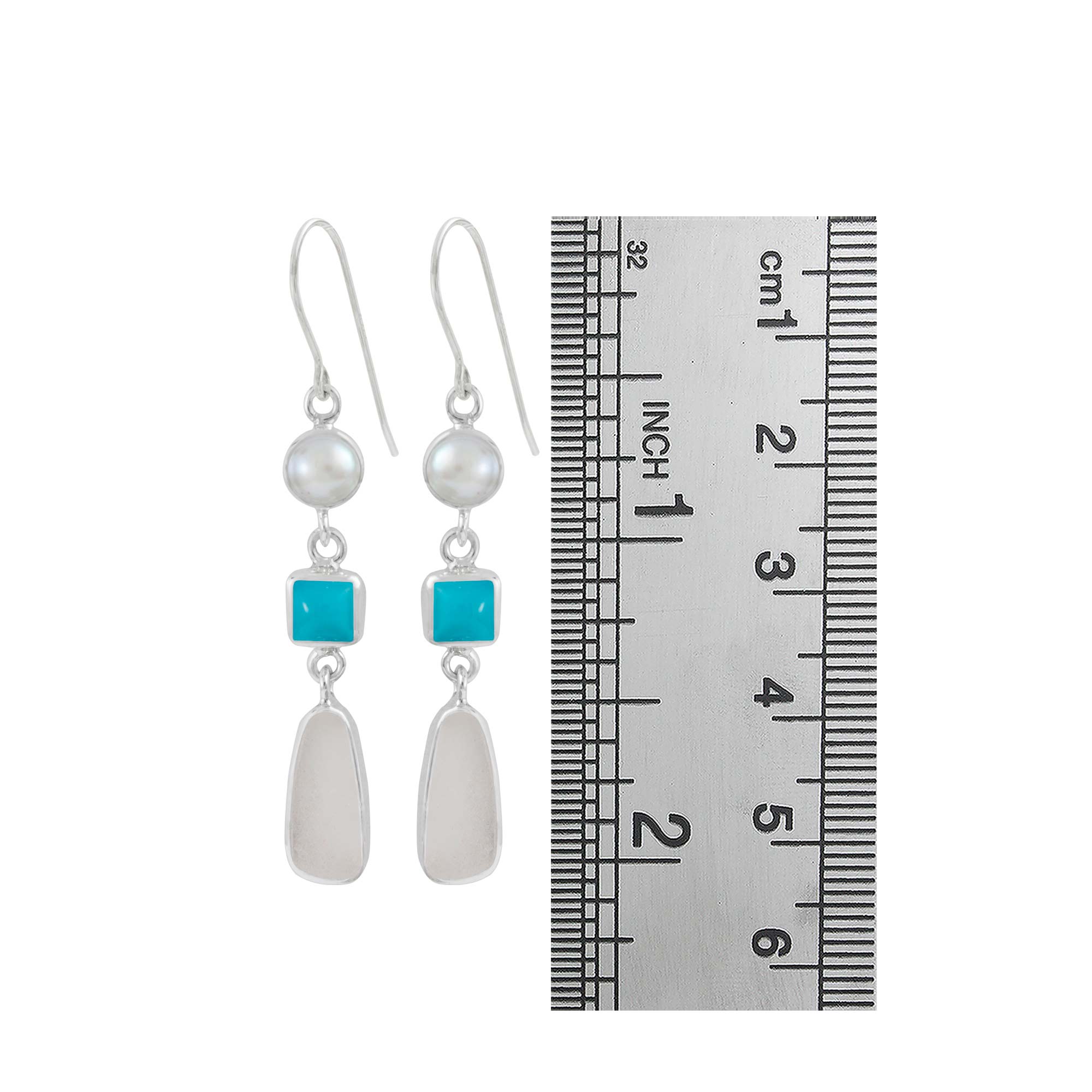 Sterling Silver Earring With Pearl, Sea Glass & Turquoise