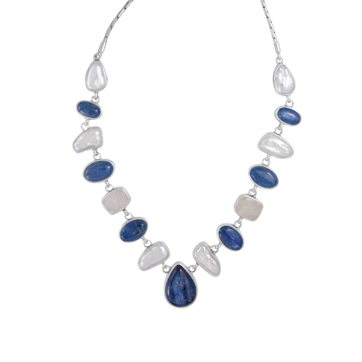 Silver Necklace With Druzy, Pearl And Kyanite