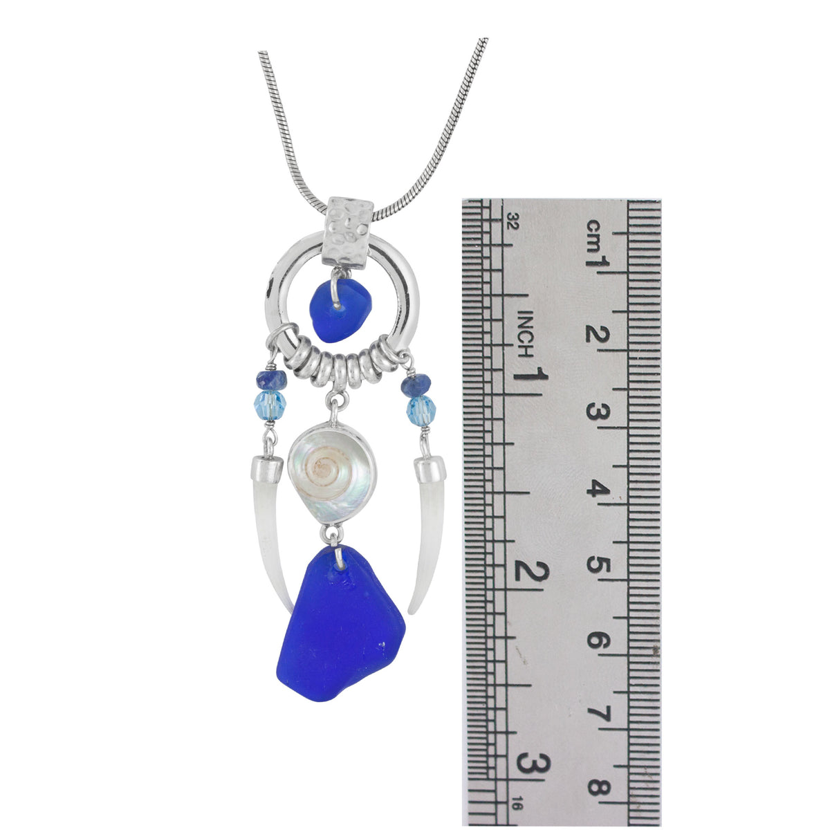 Sterling Silver Pendant With Sea Glass, Malabar Tubos Shell, Tusk Shell Drop