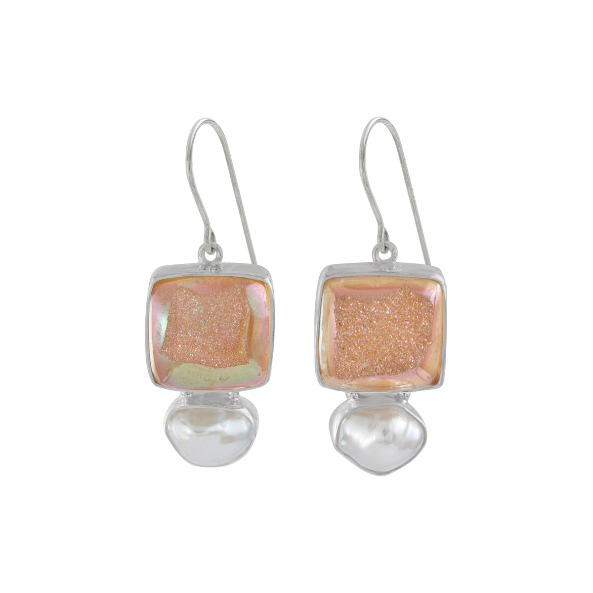 Sterling Silver Earring With Druzy Bronze Beauty Square, Pearl