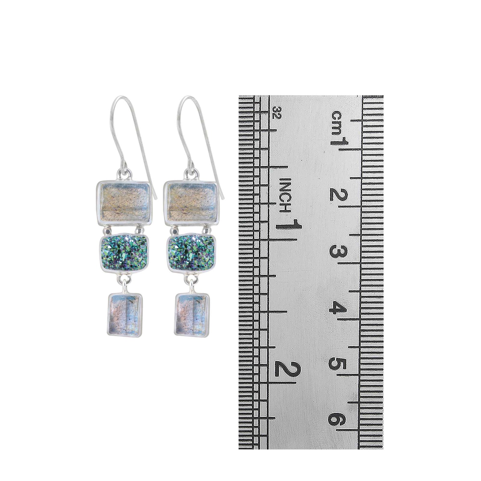 Sterling Silver Earring With 2 Labradorite, Druzy Green Rectangle