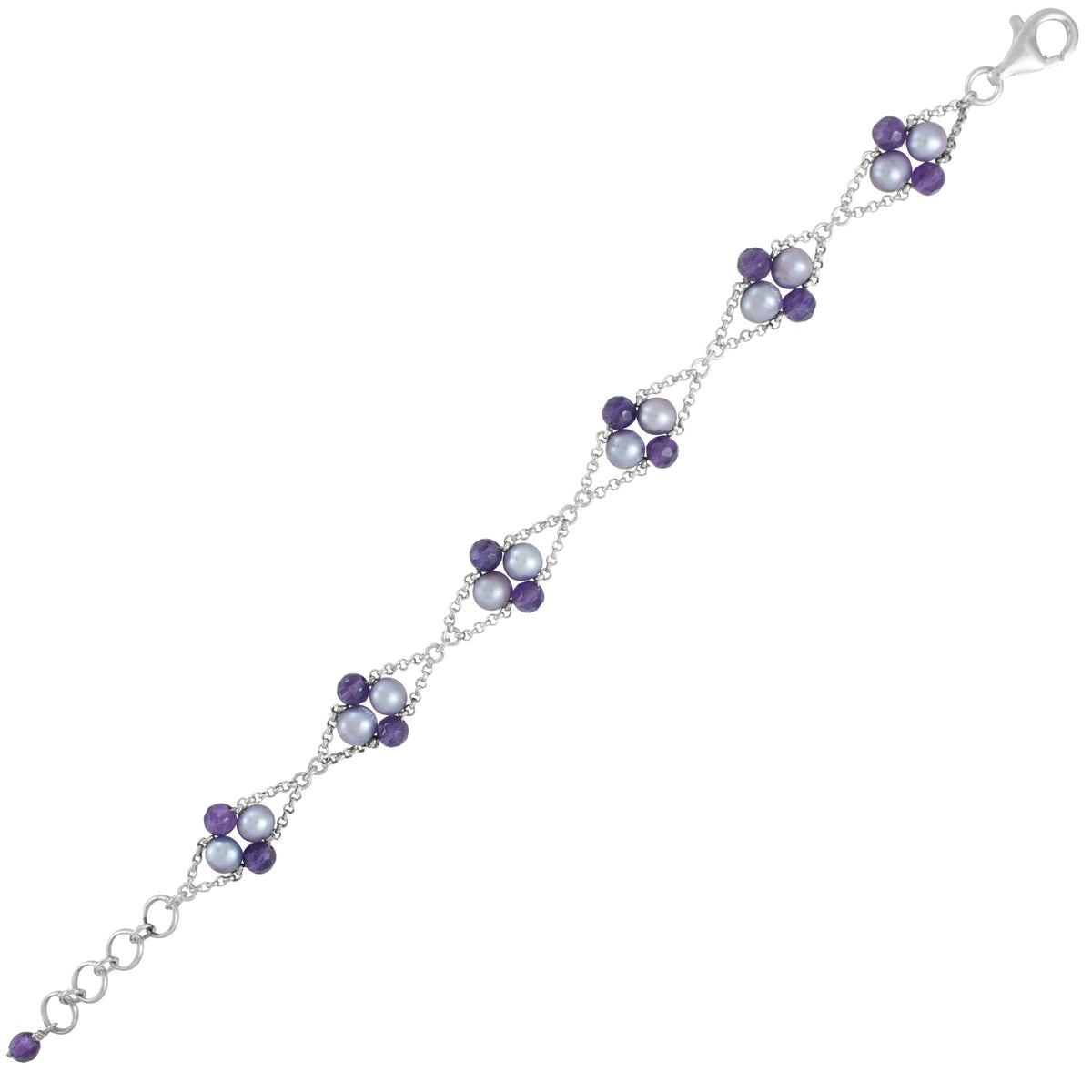Sterling Silver Bracelet Pearl, Smokey Bead With Klip Conected By Chain