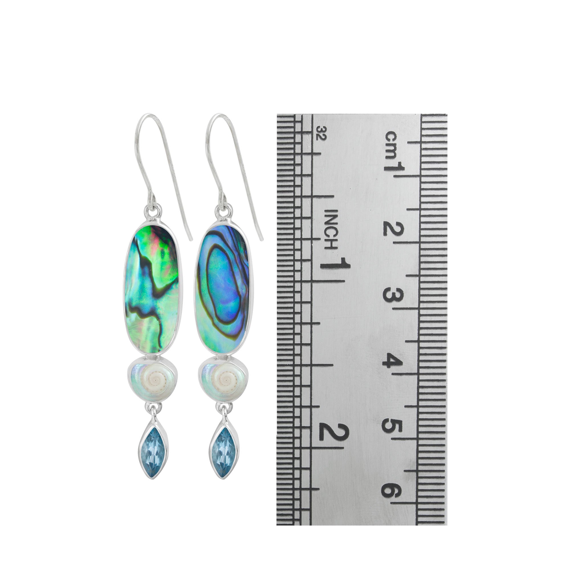 Sterling Silver Earring With Shell Malabar Turbos, Paua Oval, Blue Topaz Marquoise Facet