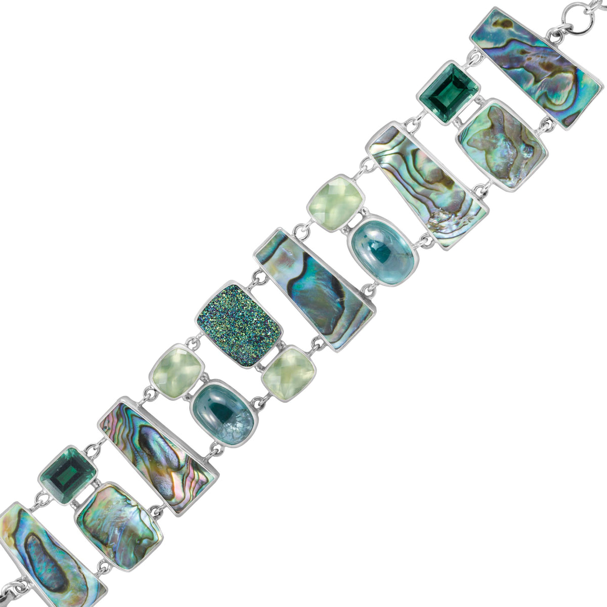 Sterling Silver Bracelet With Sruzy Cassiopiea Seas, Green Quartz, Paua, Praynite