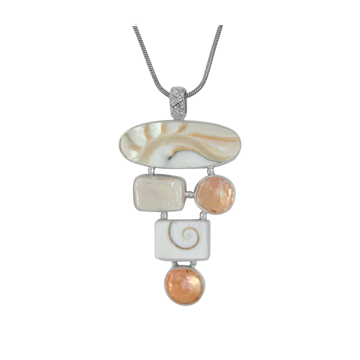 Sterling Silver Pendant With Shiva Shell, Multi Shape Pearl