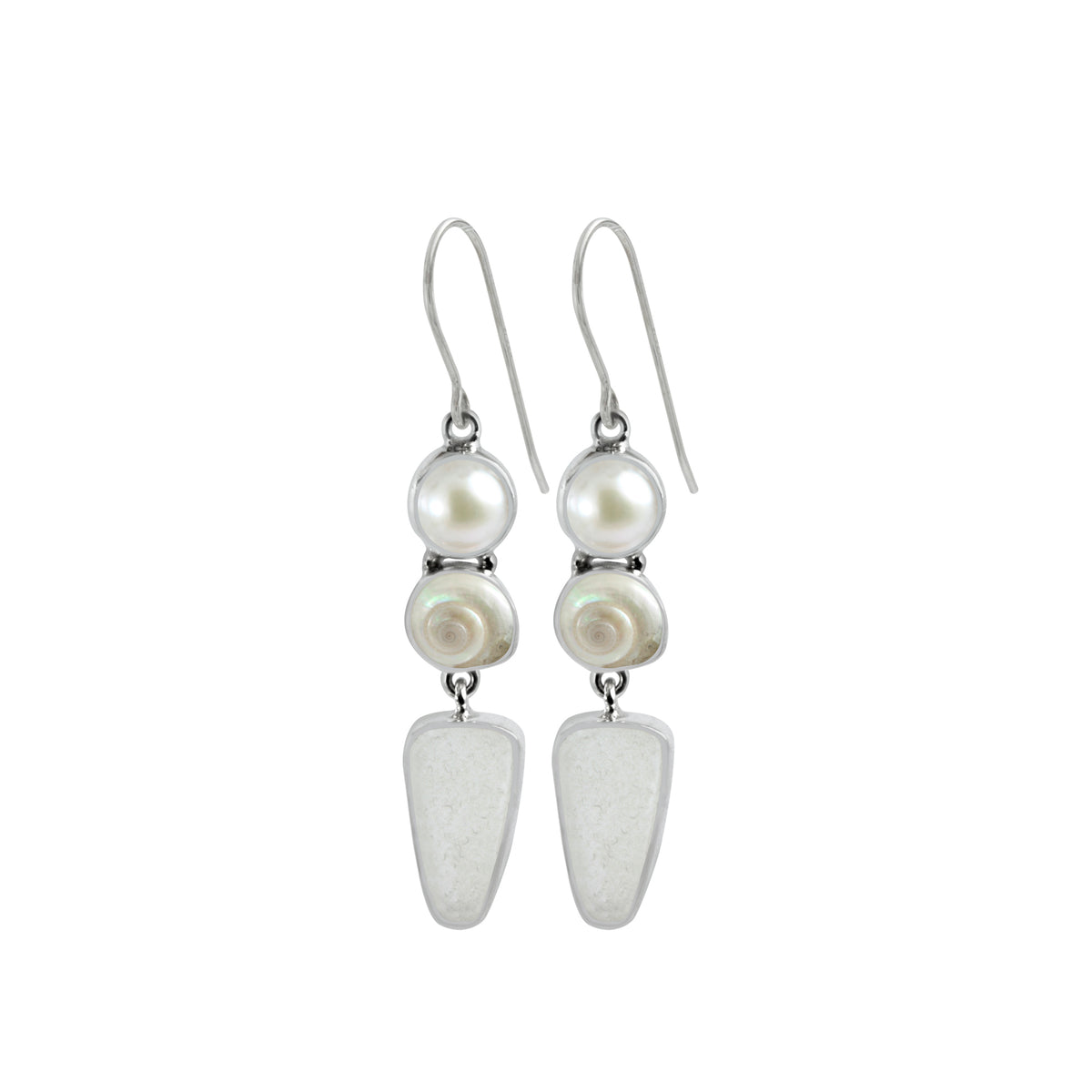 Sterling Silver Earring With Peral, Shell Malbar Turbos,Sea Glass White Drop