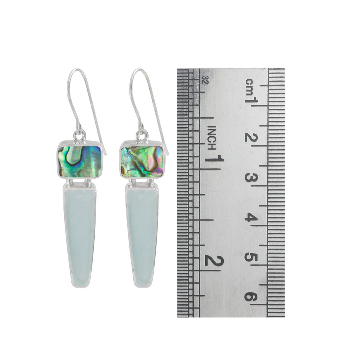 Sterling Silver Earring With Paua Rectangle, Sea Glass Aqua Drop