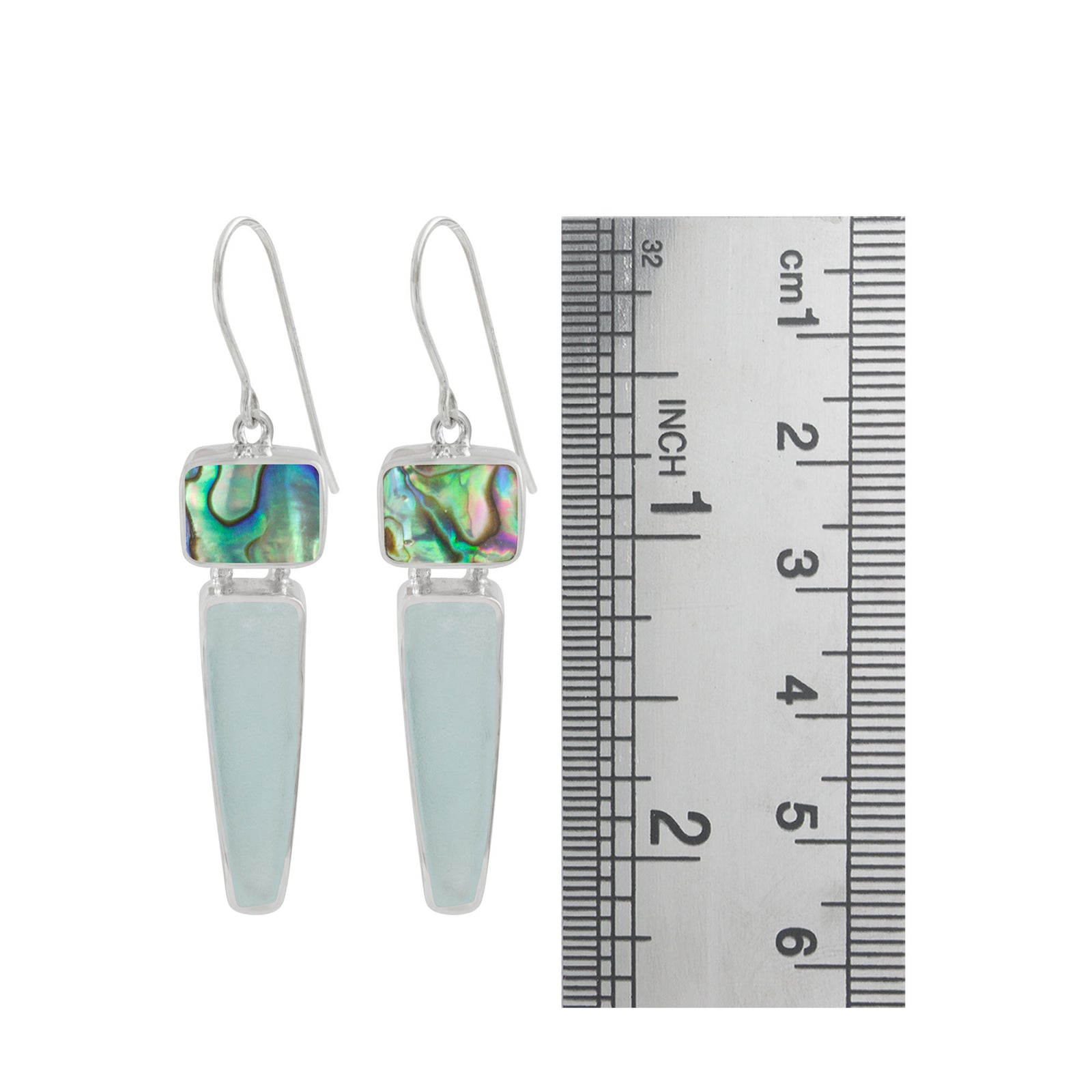 Sterling Silver Earring With Paua Rectangle, Sea Glass Aqua Drop