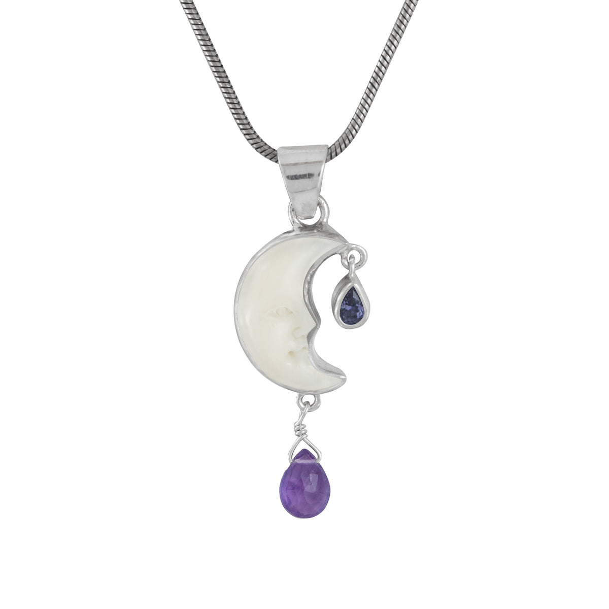 Strling Silver Pendant Half Moon Face With Iolite Facet, Amethyst Pear Briolet