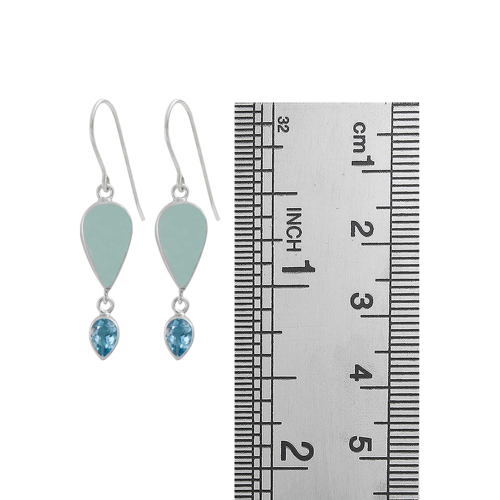 Sterling Silver Earring With Sea Glass, Blue Topaz Pear Facet