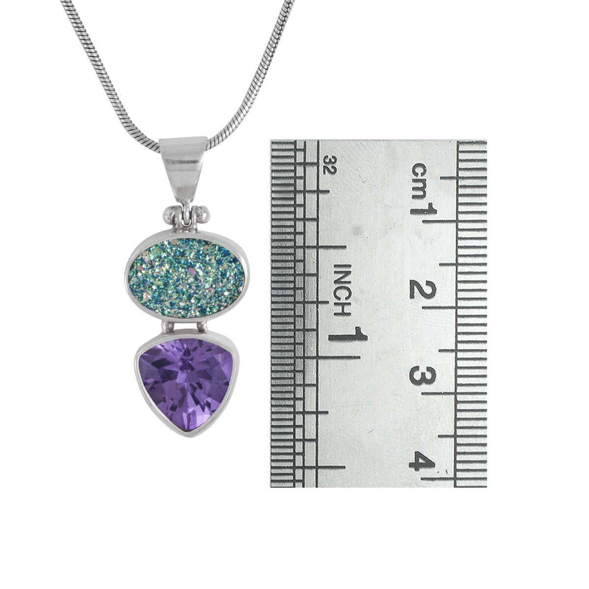 Sterling Silver Pendant With Druzy Easy Green Oval, Amethyst Triangle Facet
