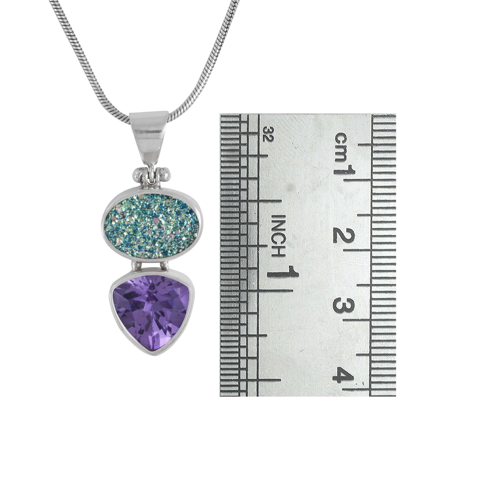 Sterling Silver Pendant With Druzy Easy Green Oval, Amethyst Triangle Facet