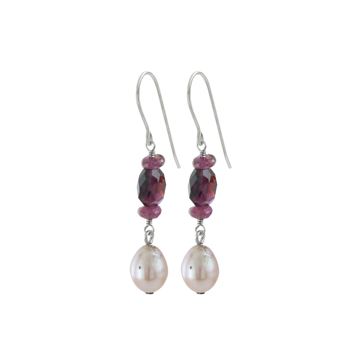 Sterling Silver Earring With Bead Pink Pearl, Garnet Oval Facet And Tourmaline