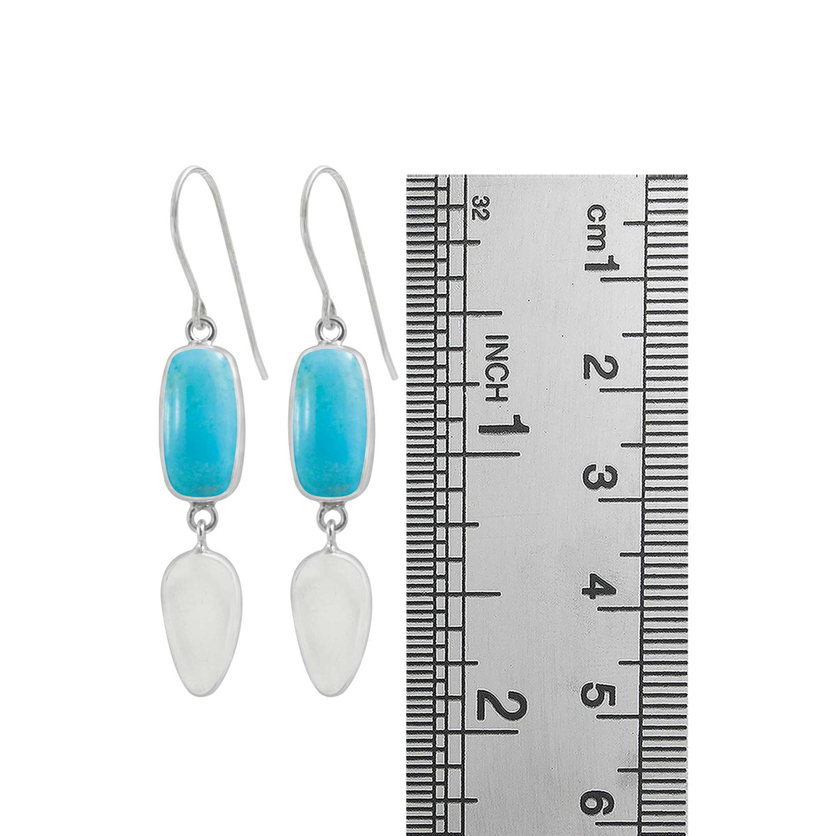 Sterling Silver Earring With Turquoise Rectangle, Sea Glass White Baby Drop